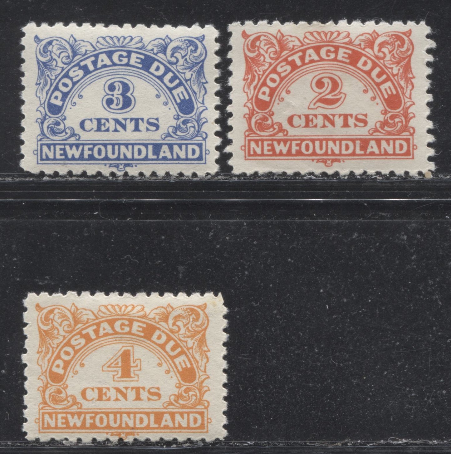 Lot 160 Newfoundland # J2, J3, J4a 2c - 4c Vermilion - Orange Framed Numeral, 1939-1949 Postage Due, Three VFOG Examples, Various Line Perfs