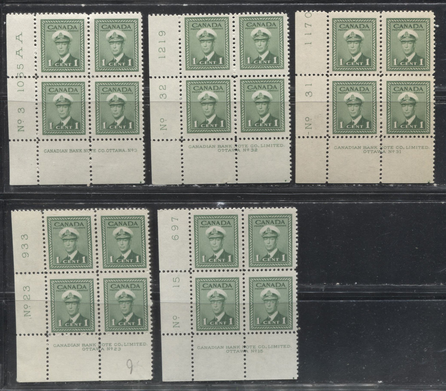 Lot 16 Canada #249 1c Green King George VI , 1942-1949 War Issue, Fine NH Plate 3, 15, 23, 31 & 32 Lower Left Blocks of 4 Plate Dot at LR, Various Number Spacings