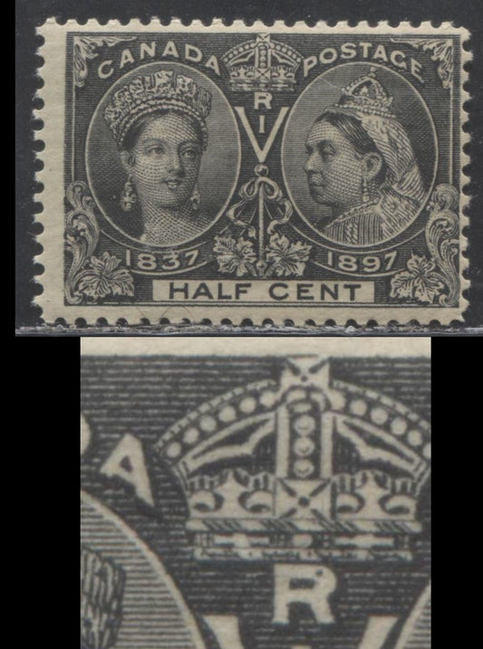 Lot 160 Canada # 50 1/2c Grey Black on Toned Paper Queen Victoria, 1897 Diamond Jubilee Issue, A Fine NH Example, Showing Dot in "R"