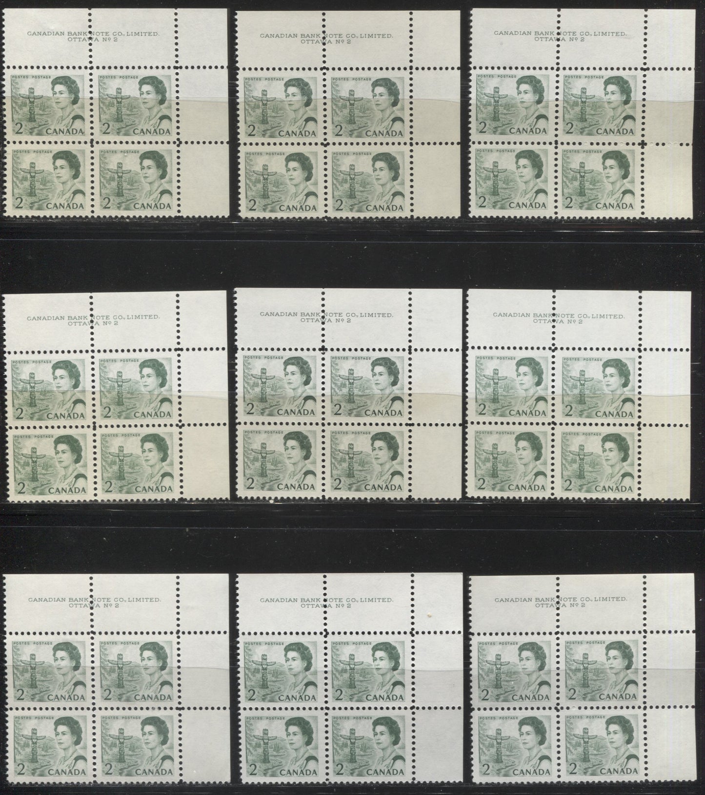 Lot #161 Canada #455, 455iv 2c Green, Deep Green, Bright Green & Deep Bright Green, Pacific Coast Totem Pole, 1967-1973 Centennial Issue, A Specialized Lot of Plate 2 UR Blocks on DF and NF Papers