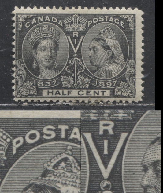 Lot 161 Canada # 50 1/2c Grey Black on Greyish Paper Queen Victoria, 1897 Diamond Jubilee Issue, A Fine Disturbed OG Example, Multiple Misplaced Entry