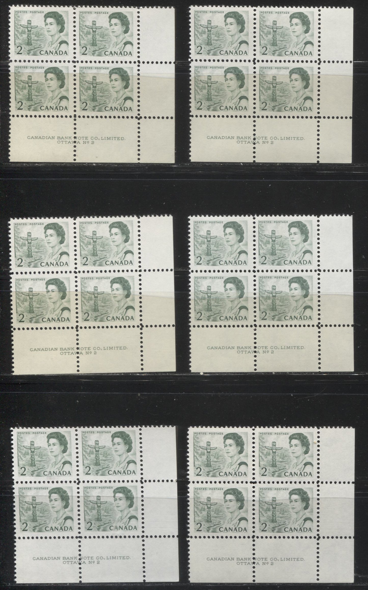 Lot #162 Canada #455, 455iv 2c Green & Deep Bright Green, Pacific Coast Totem Pole, 1967-1973 Centennial Issue, A Specialized Lot of Plate 2 LR Blocks on DF and NF Papers