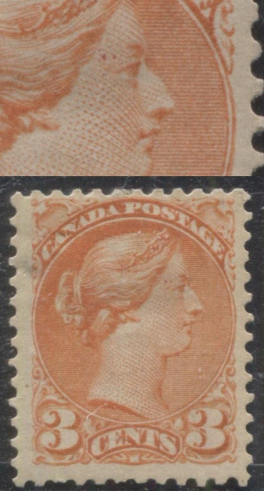 Lot 162 Canada #37var 3c Orange Red Queen Victoria, 1870-1897 Small Queen Issue, A Very Good OG Single From The Montreal Printing, Thick Vertical Wove Paper, Perf 12 x 12.25, Unlisted Vampire Bite Variety
