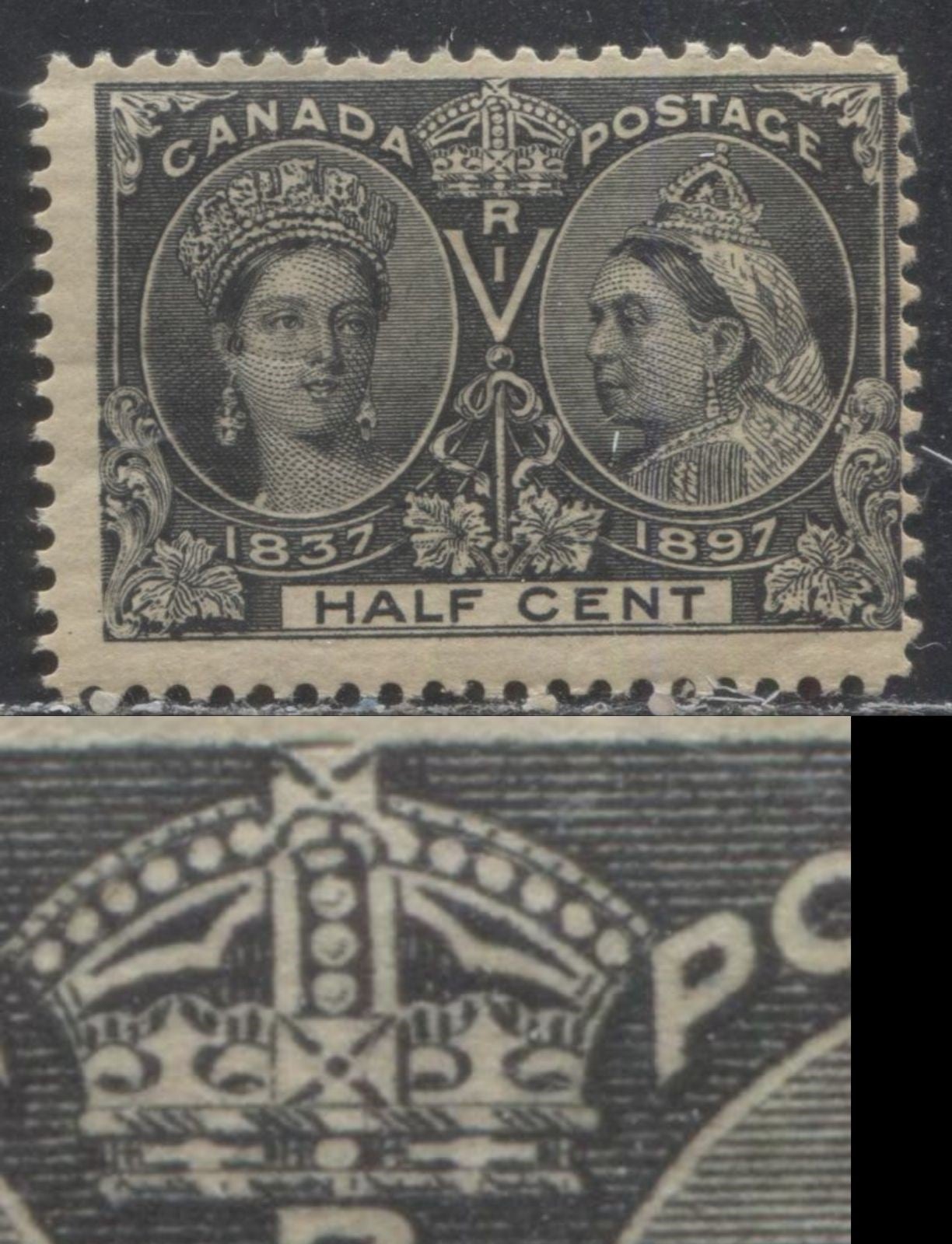 Lot 162 Canada # 50 1/2c Grey Black on Toned Paper Queen Victoria, 1897 Diamond Jubilee Issue, A VGNH Example, Showing Faint Vertical Line in Crown