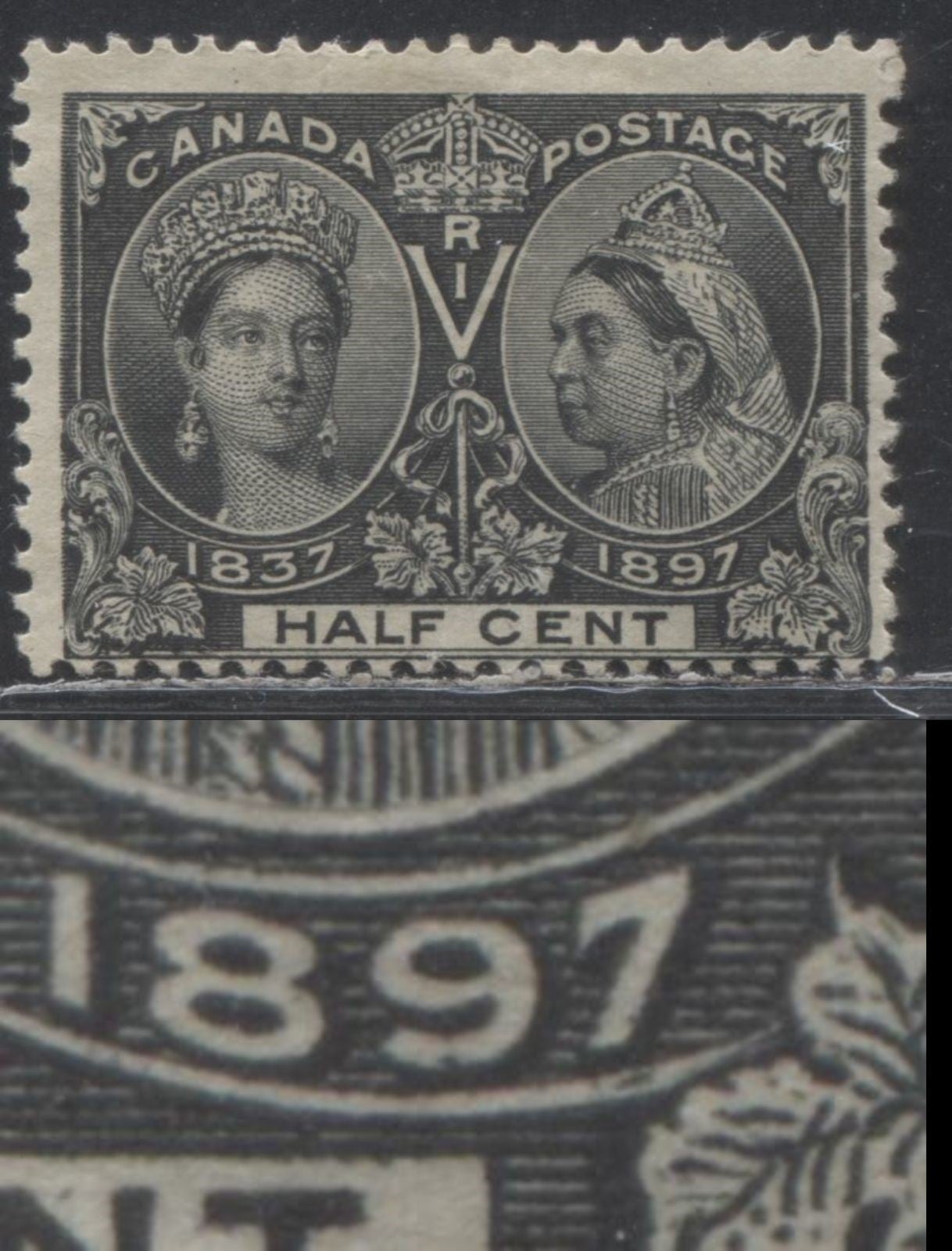 Lot 163 Canada # 50 1/2c Jet Black on White Paper Queen Victoria, 1897 Diamond Jubilee Issue, A Good OG Example, Showing Dot in "9" and Line Under "7" of "1897"