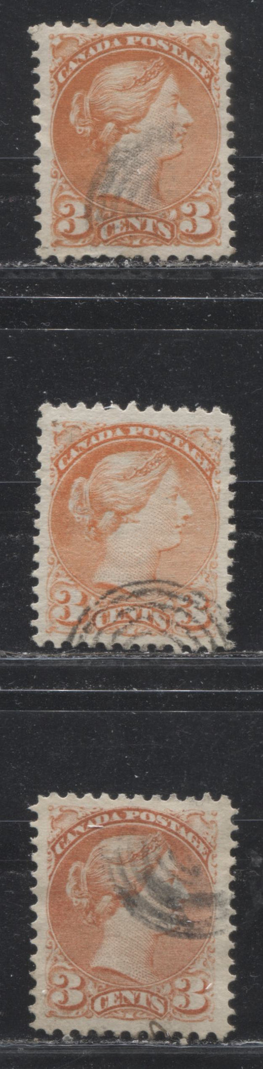 Lot 163 Canada #37e,iii 3c Red Orange, Bright Red Orange & Red Queen Victoria, 1870-1897 Small Queen Issue, Three Very Fine Used Singles On Stout & Soft Horizontal Wove Papers, Perfs 11.6 x 12.1, 11.75 x 12 & 11.75 x 11.9