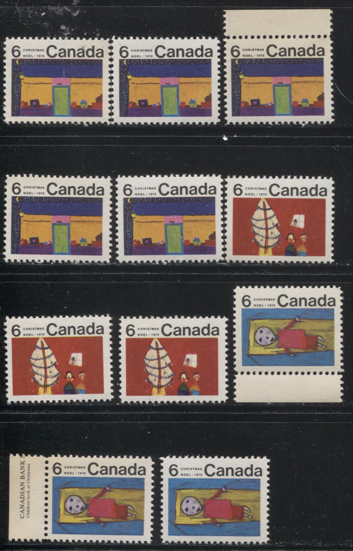 Lot 163 Canada #524-528 6c Multicoloured 1970 Christmas Issue, A Complete Set of 11 Constant Plate Varieties From Combination 1, Ribbed HB11 Paper, Perf. 11.85 x 11.9