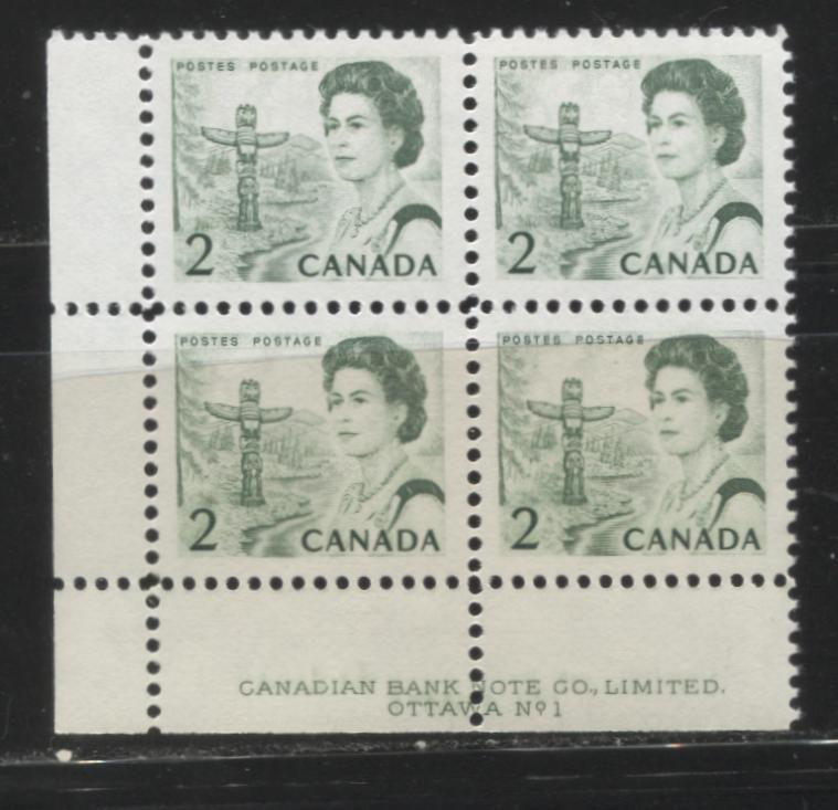 Lot #164 Canada #455ii 2c Bright Green, Pacific Coast Totem Pole, 1967-1973 Centennial Issue, A VFNH LL Plate 1 Block on LF-fl Blue Grey Smooth Paper, PVA Gum