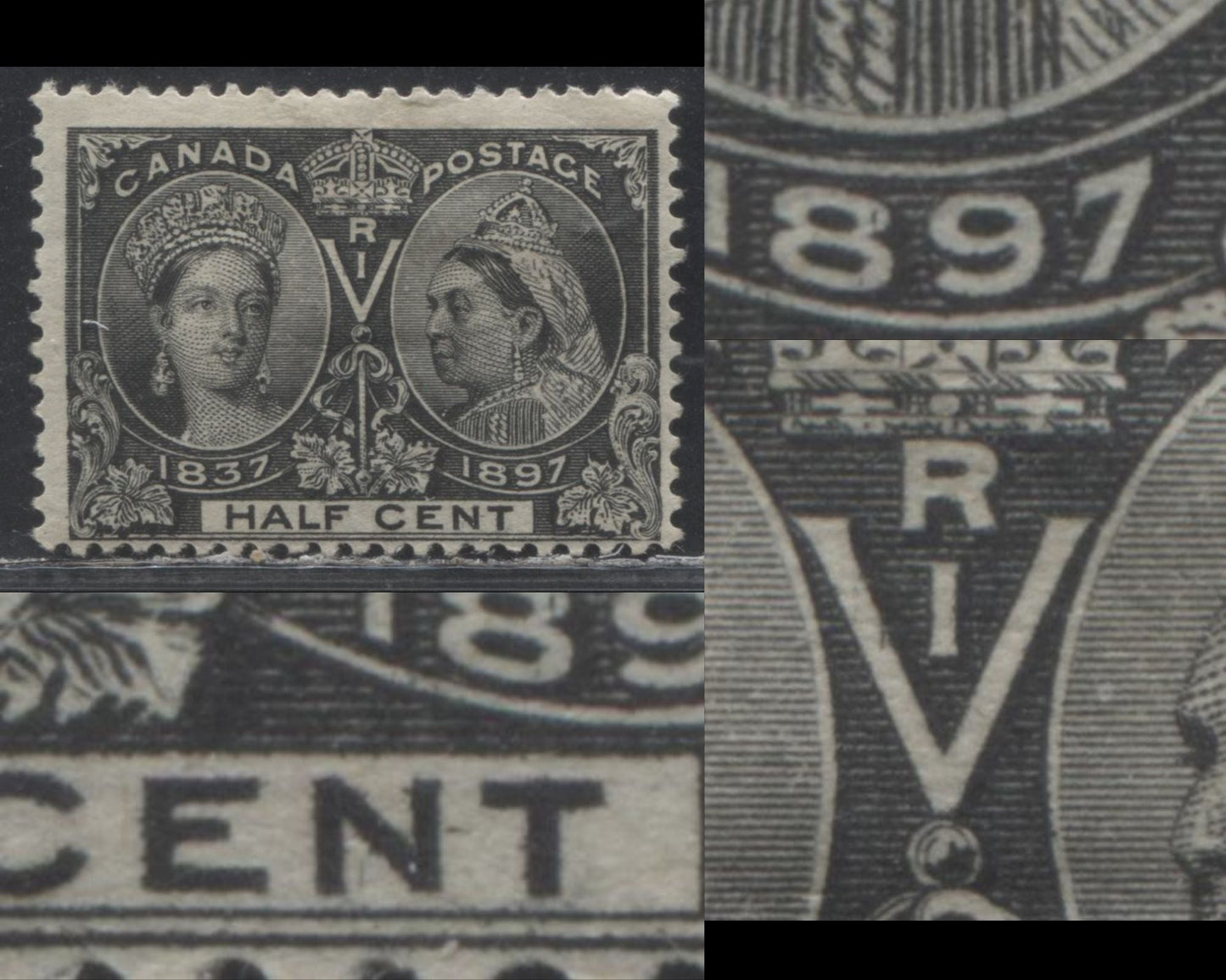 Lot 164 Canada # 50 1/2c Jet Black on White Paper Queen Victoria, 1897 Diamond Jubilee Issue, A Good OG Example, Showing Scratch in V, "8" and Dash Between "NT"