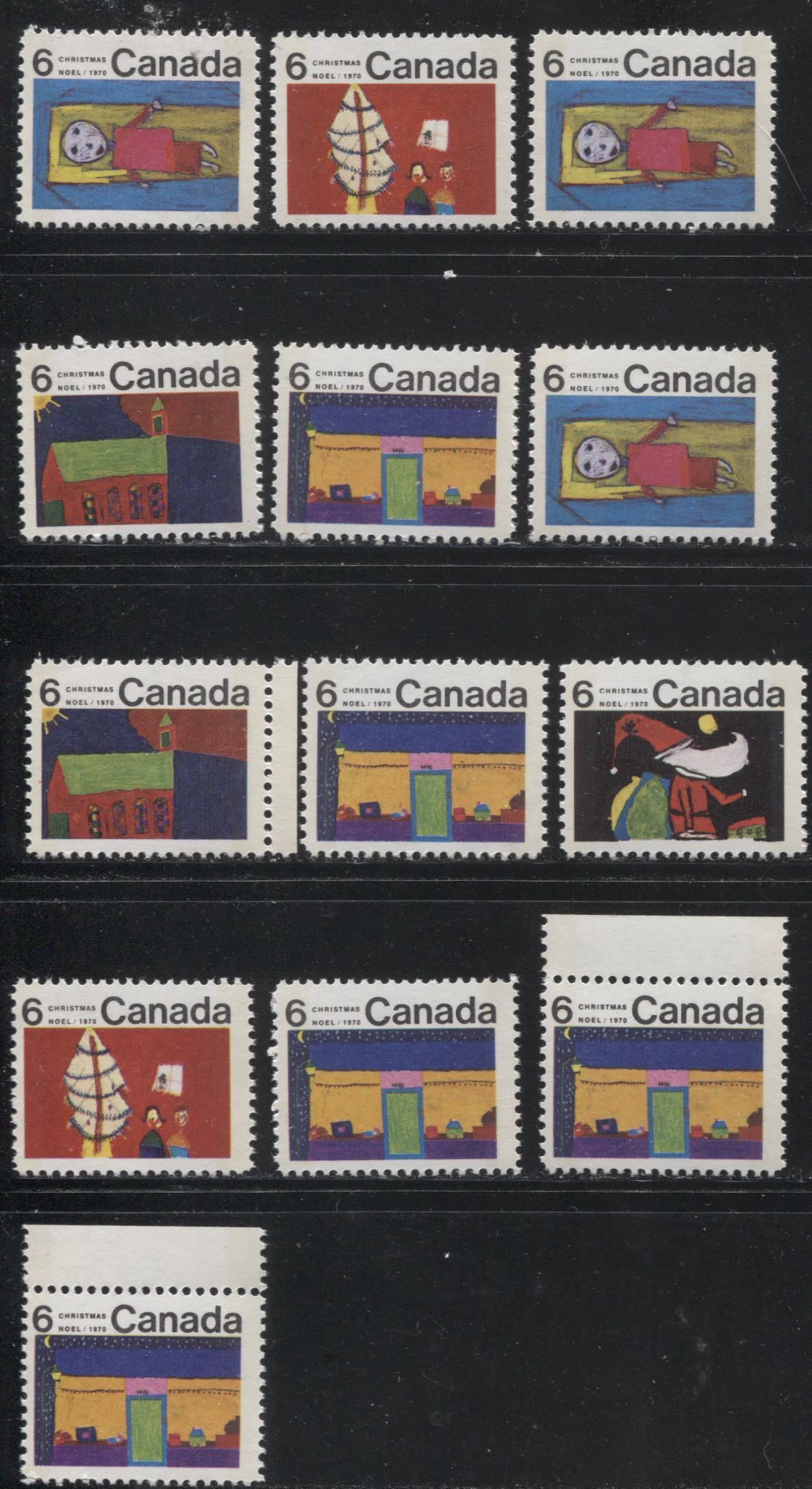 Lot 165 Canada #524p-528p 6c Multicoloured 1970 Christmas Issue, A Complete Set of 13 Winnipeg Tagged Constant Plate Varieties From Combination 4, Ribbed HB11 Paper, Perf. 11.9
