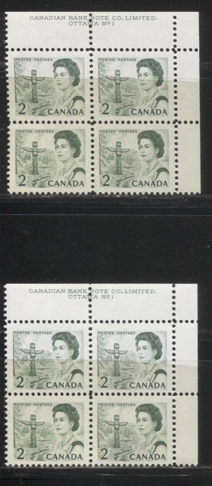 Lot #166 Canada #455ii 2c Bright Green, Pacific Coast Totem Pole, 1967-1973 Centennial Issue, Two VFNH UR Plate 1 Blocks on Two Different LF-fl Papers, PVA Gum