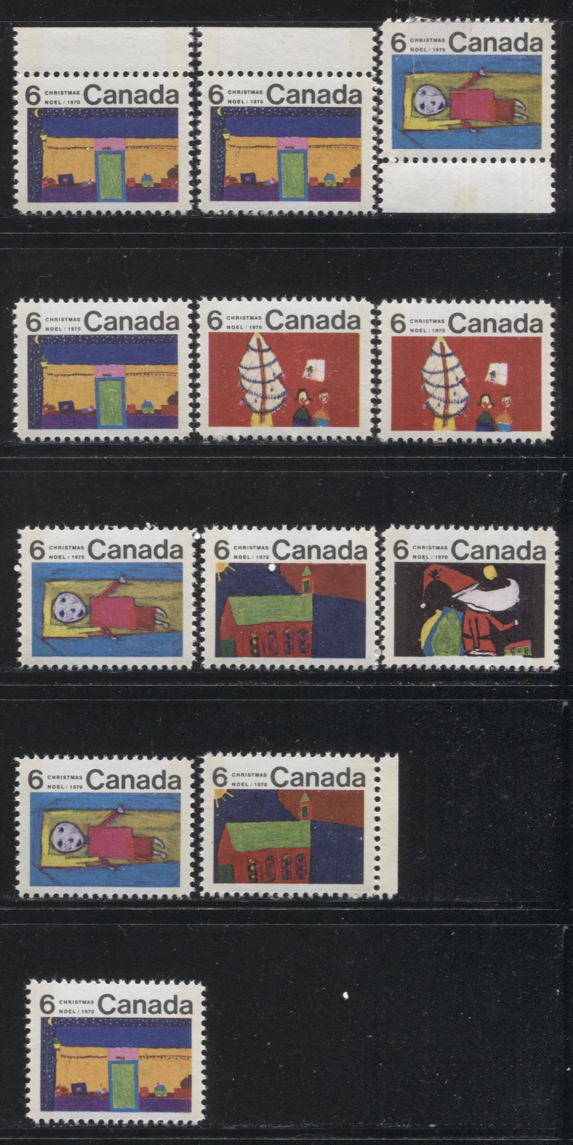 Lot 166 Canada #524p-528p 6c Multicoloured 1970 Christmas Issue, A Nearly Complete Set of 12 Winnipeg Tagged Constant Plate Varieties From Combination 4, Ribbed HB12 Paper, Perf. 11.9