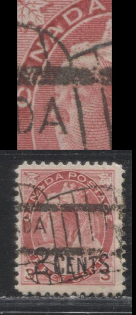 Lot 167 Canada #88 2c on 3c Carmine Red Queen Victoria, 1899 Provisional Issue, A Fine Used Example, Vertical Wove, Featuring Die Flaws On NA of Canada