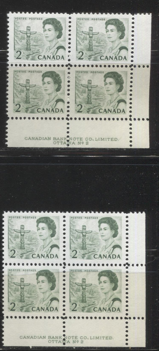 Lot #168 Canada #455ii 2c Bright Green, Pacific Coast Totem Pole, 1967-1973 Centennial Issue, Two VFNH LR Plate 1 Blocks on Two Different LF-fl Papers, PVA Gum
