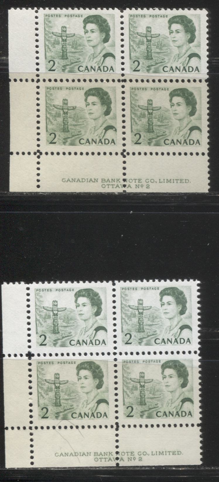 Lot #169 Canada #455ii 2c Bright Green, Pacific Coast Totem Pole, 1967-1973 Centennial Issue, Two VFNH LL Plate 2 Blocks on Two Different LF-fl Papers, PVA Gum, Different From Lot 170