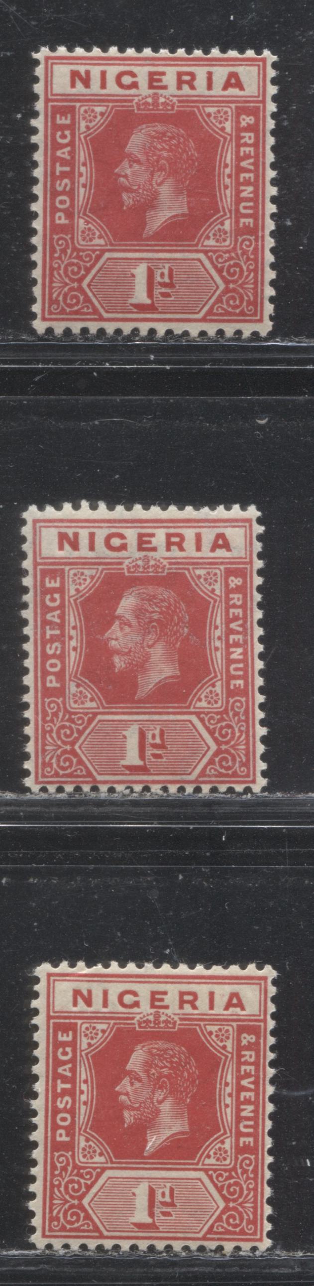 Lot 169 Nigeria SG# 2 1d Carmine Red King George V, 1914-1921 Multiple Crown CA Imperium Keyplate Issue, Three VFNH Examples, From Different Printings, Each a Slightly Different Shade