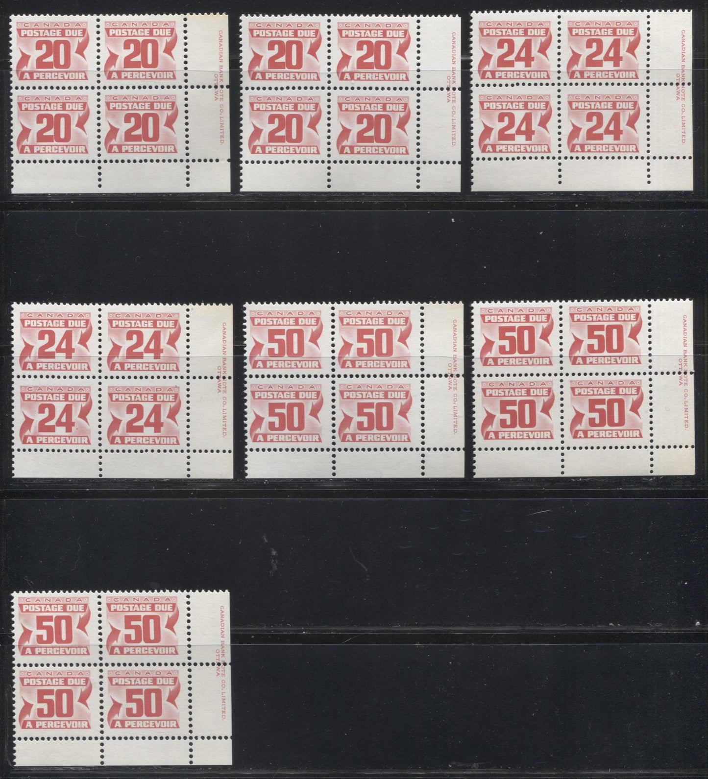 Lot 170 Canada #J38-40 20c, 24c & 50c Carmine Rose 1977-1982, 4th Centennial Postage Due Issue, 7 F/VFNH LR Inscription Blocks Of 4 On Various DF & LF-fl Papers With PVA Gums, Perf 12.5 x 12