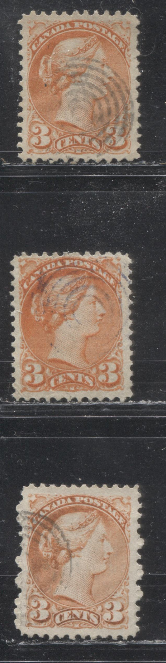 Lot 170 Canada #37iii 3c Orange Red Queen Victoria, 1870-1897 Small Queen Issue, Three Very Fine Used Singles On Various Vertical Wove Papers, Perfs 11.5 x 12.1, 11.75 x 12.1 & 11.7 x 12.15, Three Different Shades