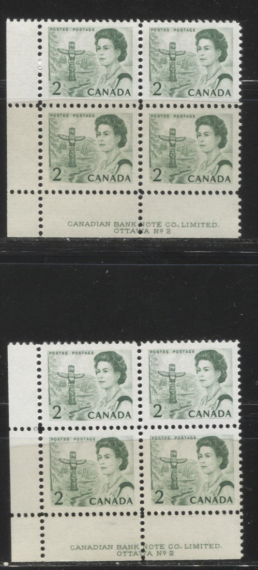 Lot #170 Canada #455ii 2c Bright Green, Pacific Coast Totem Pole, 1967-1973 Centennial Issue, Two VFNH LL Plate 2 Blocks on Two Different LF-fl Papers, PVA Gum, Different From Lot 169