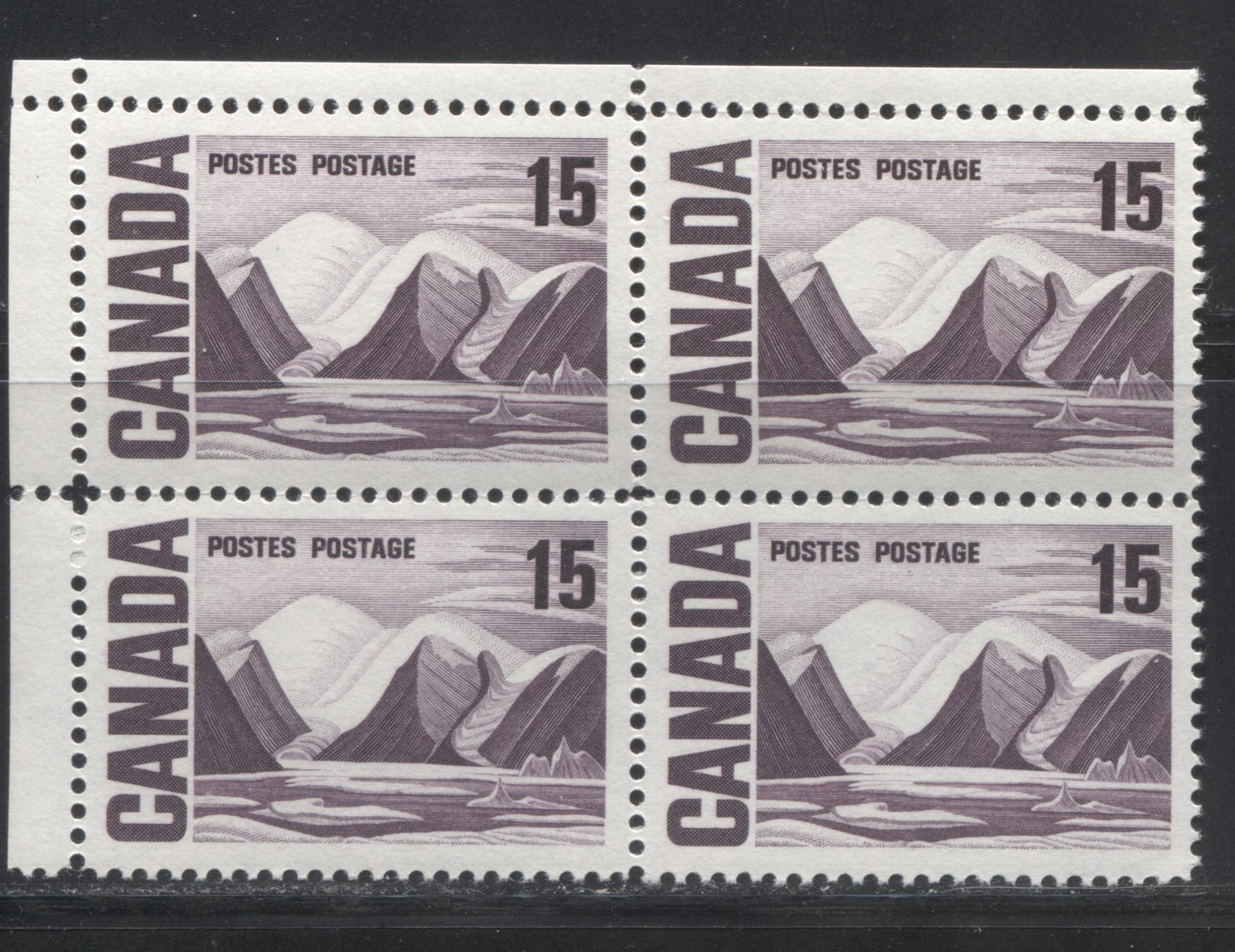 Lot 291 Canada #463ii 15c Deep Reddish Violet Greenland Mountains, 1967-1973 Centennial Definitive Issue, A VFNH UL Field Stock Block Of 4 On HB10 Vertical Wove, Vertical Ribbed Paper With Streaky Dex Gum