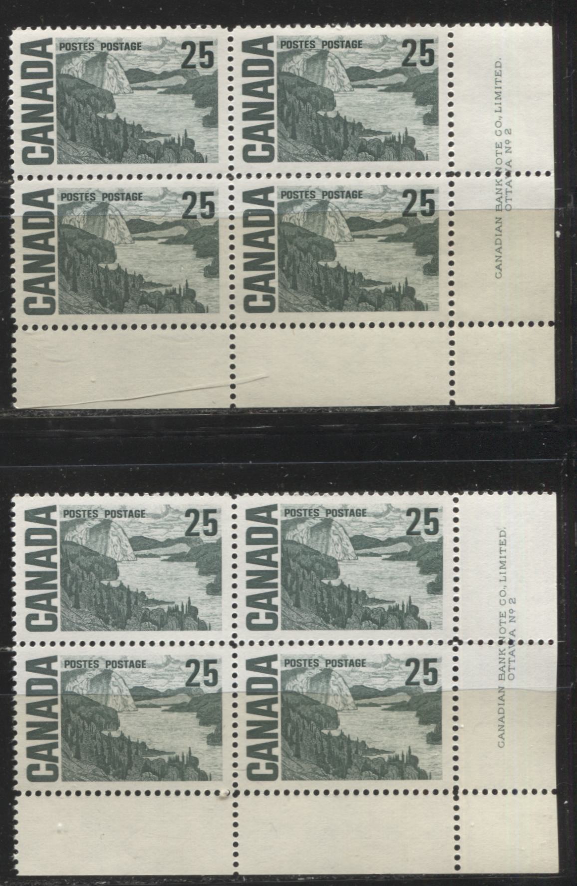 Lot 17 Canada #465 25c Dull Bluish Slate Green & Bluish Slate Green Solemn Land, 1967-1973 Centennial Definitive Issue, Two VFNH LR Plate 2 Blocks of 4 On Different DF Papers With Smooth And Streaky Dex Gum