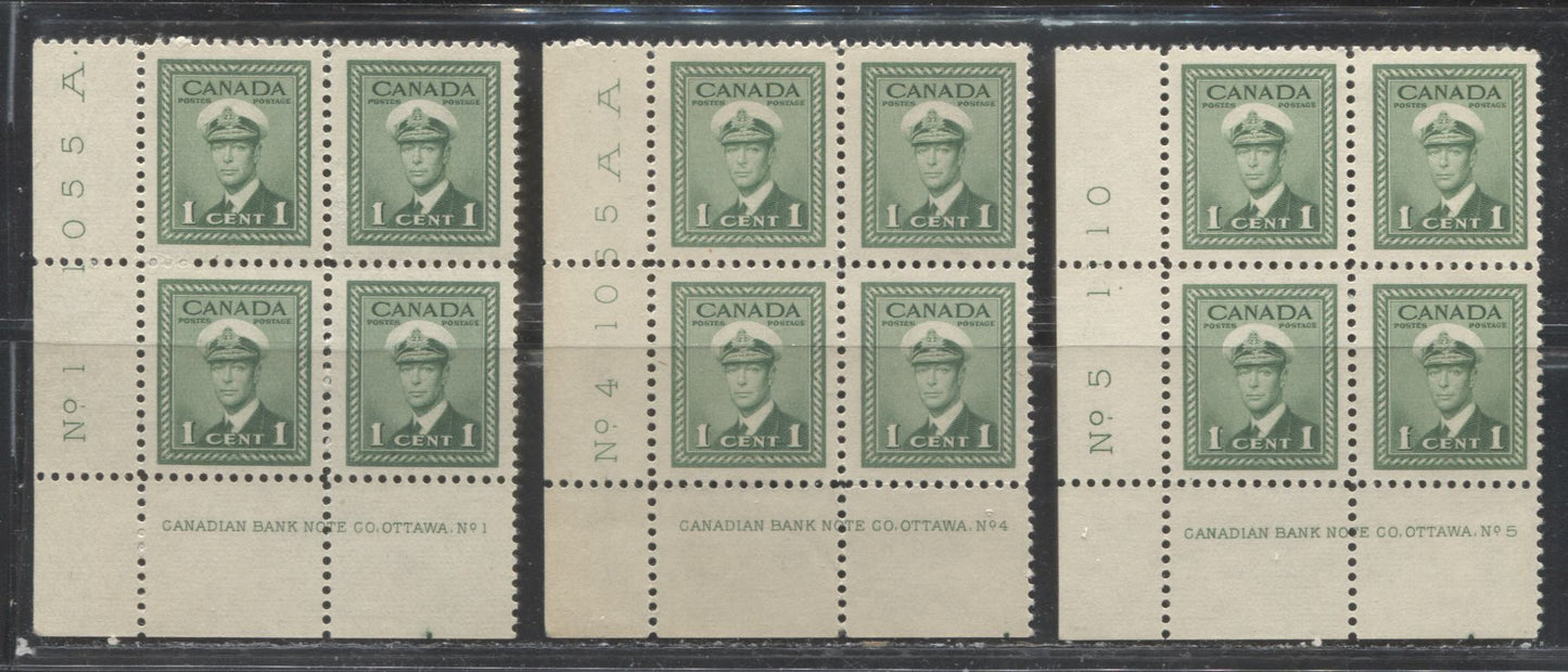 Lot 17 Canada #249 1c Green King George VI , 1942-1949 War Issue, VFNH & VFOG Plate 1, 4 & 5 Lower Left Blocks of 4 Plate Dot at LR, Narrow & Wide Number Spacings