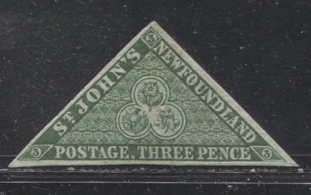 Lot 17 Newfoundland #11A 3d Bluish Green (Green) Heraldic Flowers, 1860 Pence Issue, An EF Unused Imperforate Single From The July 1861 Printing