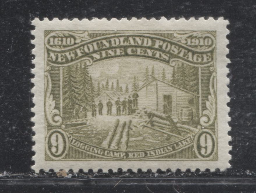 Lot 17 Newfoundland # 100 9c Olive Green Logging Camp Near Indian Lake, 1911 Engraved John Guy Issue, A VFOG Example