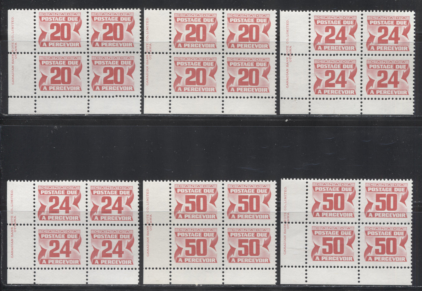 Lot 171 Canada #J38-40 20c, 24c & 50c Carmine Rose 1977-1982, 4th Centennial Postage Due Issue, 6 F/VFNH LL Inscription Blocks Of 4 On Various DF & LF-fl Papers With PVA Gums, Perf 12.5 x 12