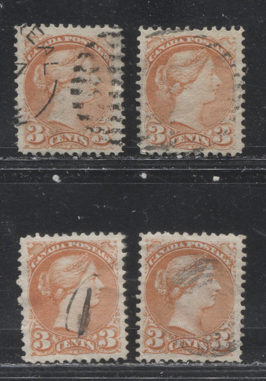 Lot 171 Canada #37iii 3c Dull Orange Red (Orange Red) Queen Victoria, 1870-1897 Small Queen Issue, Four Very Fine Used Singles On Stout Horizontal Wove Papers, Perfs 11.7 x 11.9, 11.75 x 12, 11.7 x 12 & 11.75 x 12.2