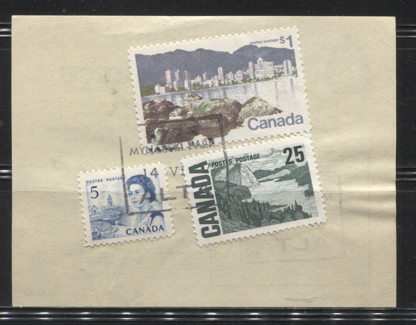 Lot 172 Canada #458, 465ii, 600 5c Blue, 25c Bluish Slate Green & $1 Multicoloured, Fishing Village, Solemn Land & Vancouver, 1967-1973 Centennial Issue & 1972-1978 Caricature Issue, Combination Use on June 1972 Bulk Mailing Receipt