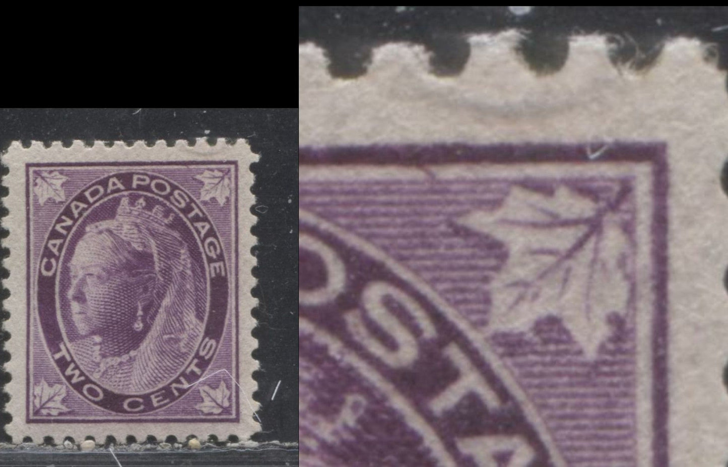 Lot 172 Canada #68 2c Bright Purple Queen Victoria, 1897-1898 Maple Leaf Issue, A VF Mint Single On Vertical Wove Paper, Expertly Regummed to Appear NH, Showing Misplaced Entry at UR