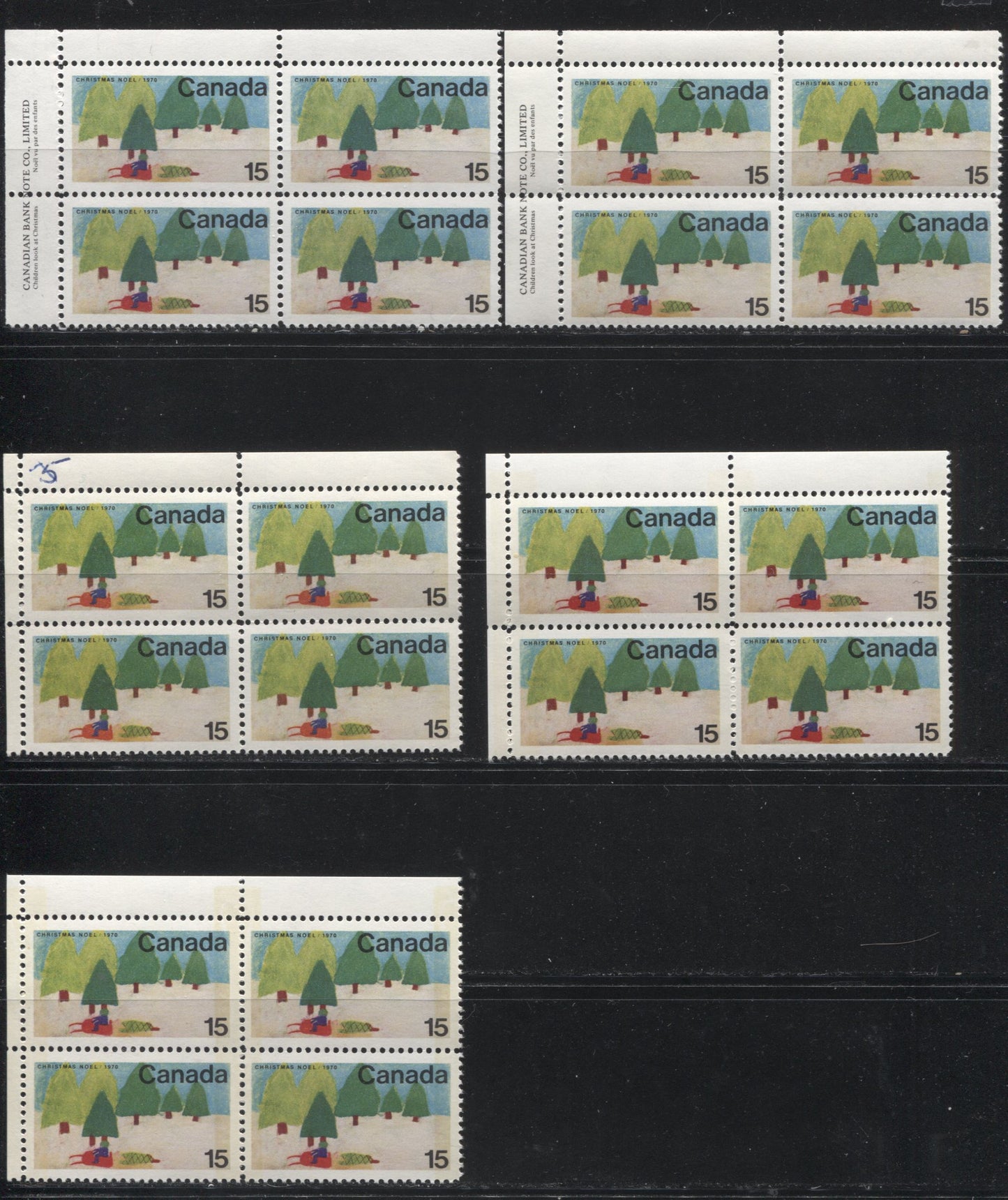 Lot 173 Canada #530-530p 15c Multicoloured Snowmobile, 1970 Christmas Issue, Five VFNH Untagged and Winnipeg Tagged Upper Left Inscription and Field Stock Blocks of 4 on Ribbed HB 11 and HB12 Papers, Various Perfs
