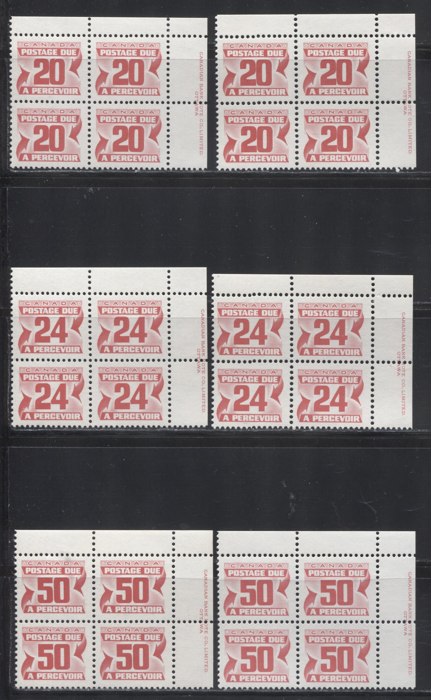 Lot 173 Canada #J38-40 20c, 24c & 50c Carmine Rose 1977-1982, 4th Centennial Postage Due Issue, 6 VFNH UR Inscription Blocks Of 4 On Various DF & LF-fl Papers With PVA Gums, Perf 12.5 x 12