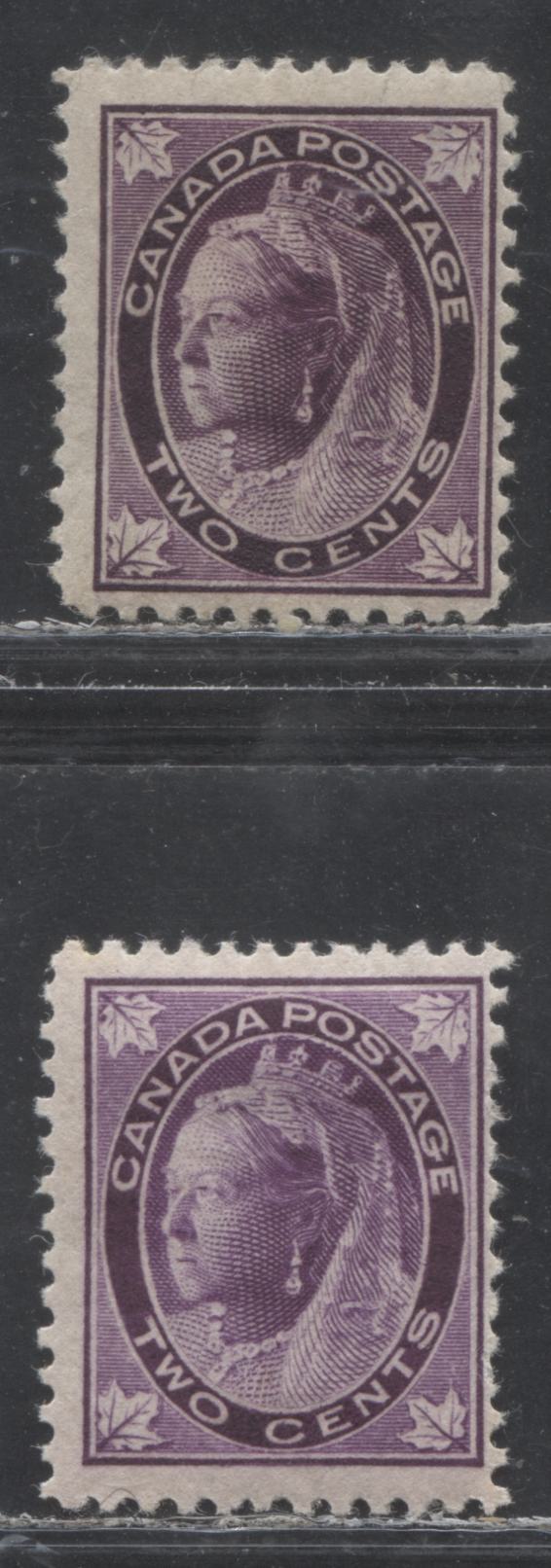 Lot 173 Canada #68 2c Purple and Bright Purple Queen Victoria, 1897-1898 Maple Leaf Issue, A Two Fine OG Singles On Vertical Wove Paper, Perf 12