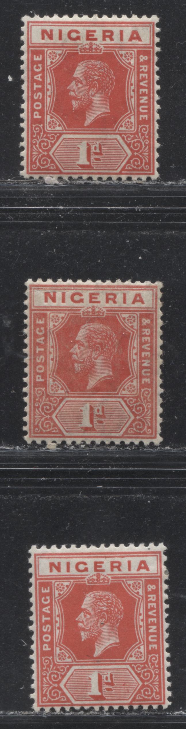 Lot 173 Nigeria SG# 2a 1d Scarlet King George V, 1914-1921 Multiple Crown CA Imperium Keyplate Issue, Three VFOG Examples, From Different Printings, Each a Slightly Different Shade