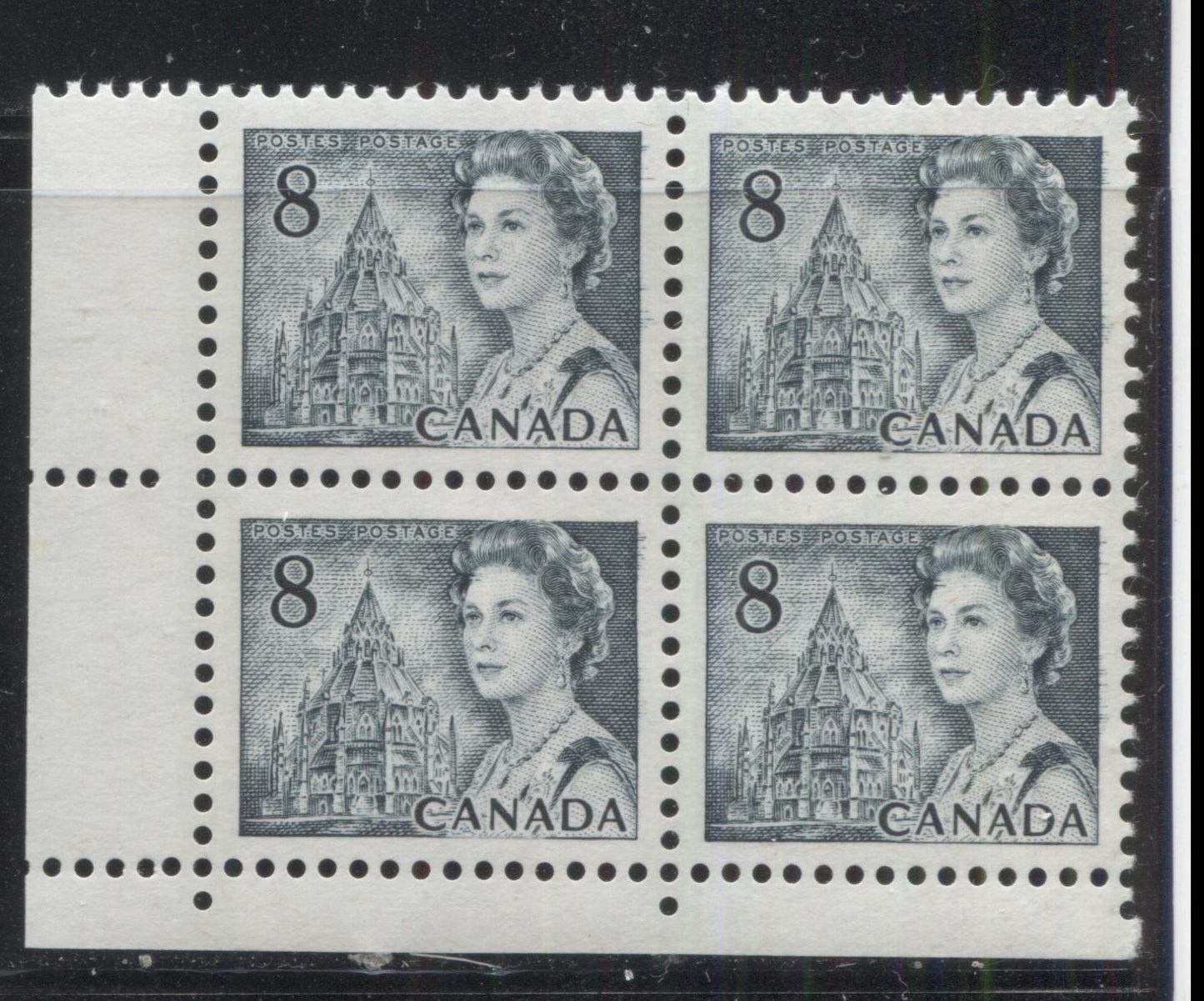 Lot 173 Canada #544pviiiver 8c Slate Queen Elizabeth II, 1967-1973 Centennial Issue, A VFNH LL GT2 Tagged Field Stock Block Of 4 On HF-fl (7) Smooth Paper With Satin PVA Gum, Scratch on Forehead Variety