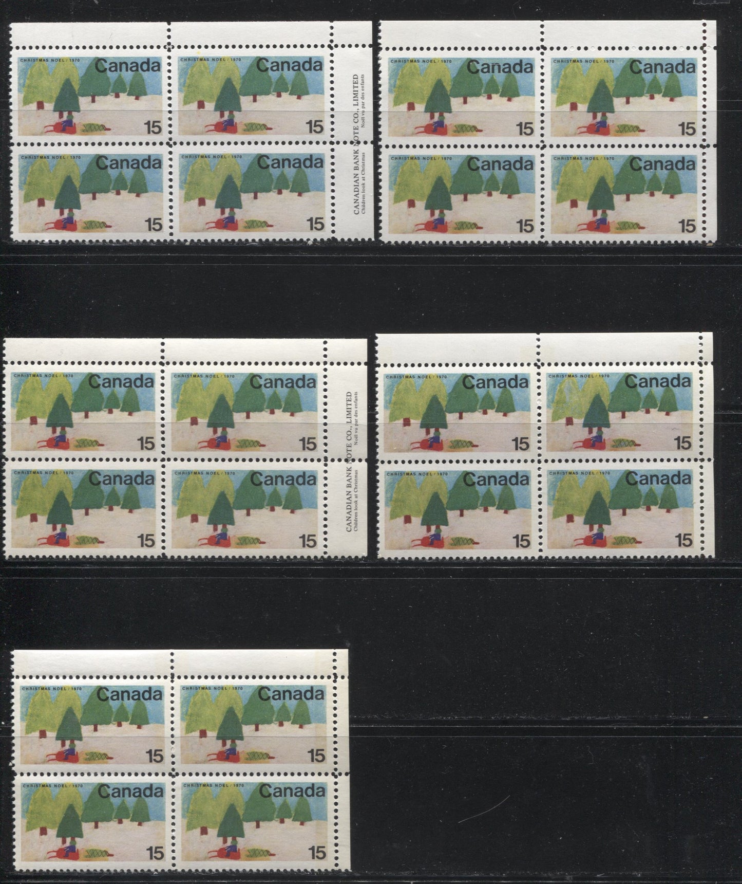 Lot 174 Canada #530-530p 15c Multicoloured Snowmobile, 1970 Christmas Issue, Five VFNH Untagged and Winnipeg Tagged Upper Right Inscription and Field Stock Blocks of 4 on Ribbed HB 11 and HB12 Papers, Various Perfs