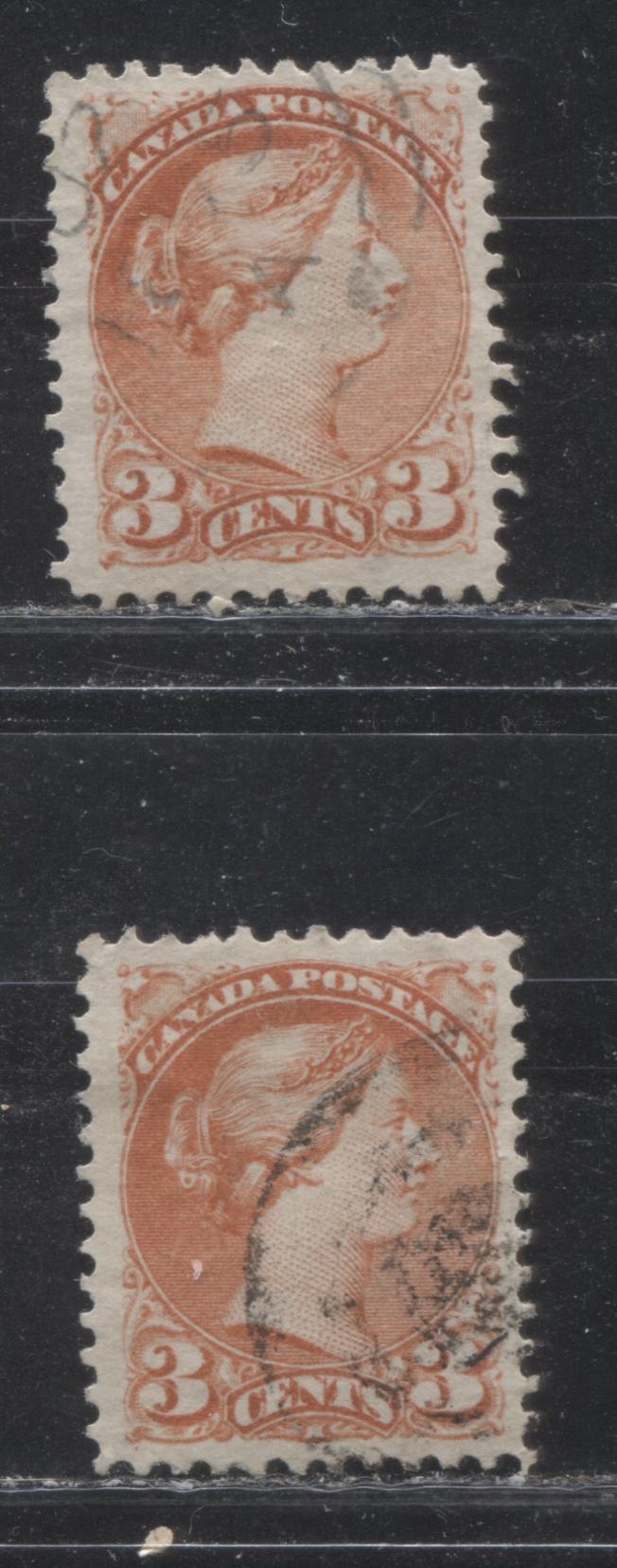 Lot 174 Canada #37iii 3c Deep Orange Red & Red Queen Victoria, 1870-1897 Small Queen Issue, Two Very Fine Used Singles On Coarse Horizontal Wove Paper, Perfs 11.75 x 12.1