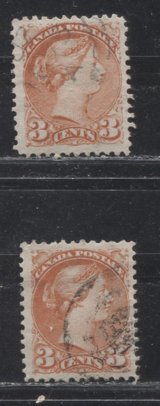 Lot 174 Canada #37iii 3c Deep Orange Red & Red Queen Victoria, 1870-1897 Small Queen Issue, Two Very Fine Used Singles On Coarse Horizontal Wove Paper, Perfs 11.75 x 12.1