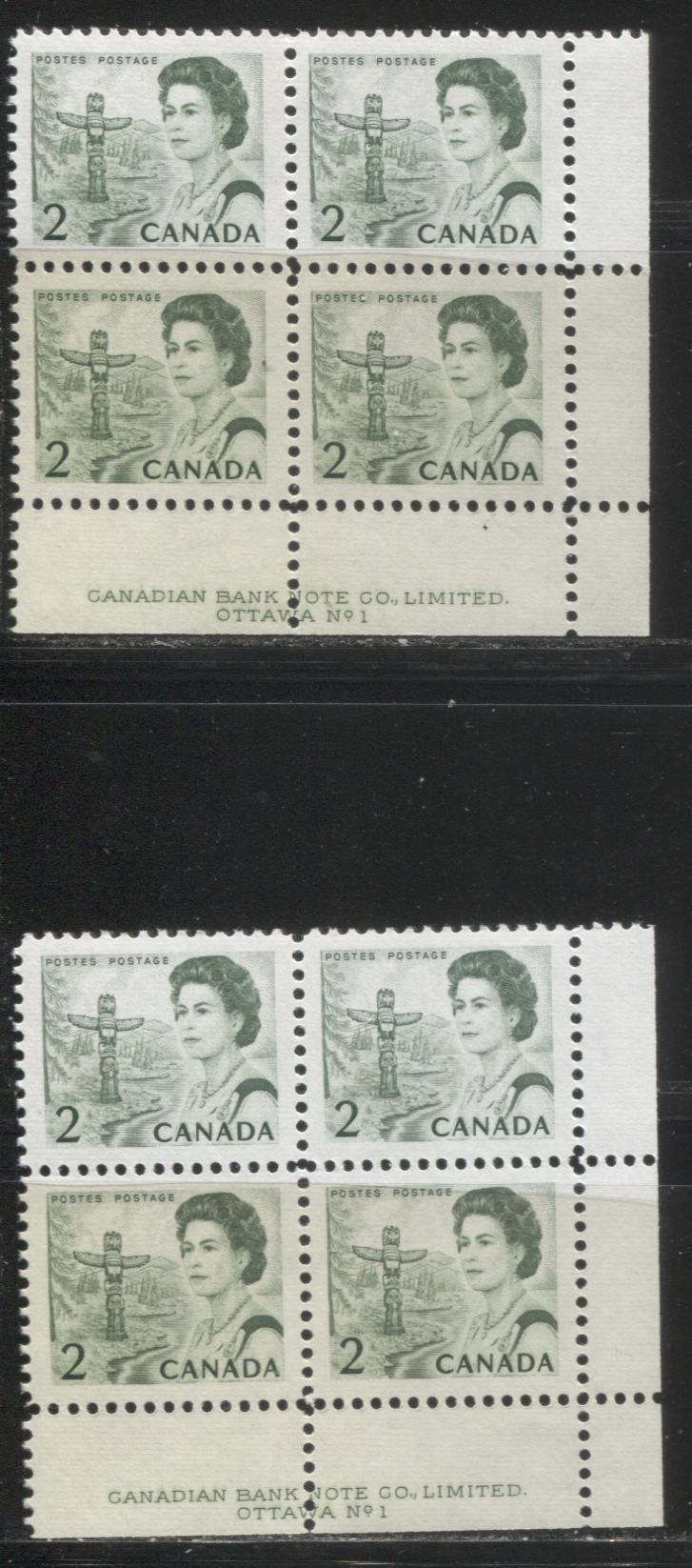 Lot #175 Canada #455iii 2c Bright Green, Pacific Coast Totem Pole, 1967-1973 Centennial Issue, Two VFNH LR Plate 1 Blocks on Two Different LF Ribbed Papers, Eggshell PVA Gum