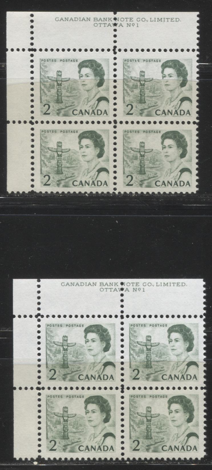 Lot #176 Canada #455iii 2c Bright Green, and Deep Bright Green Pacific Coast Totem Pole, 1967-1973 Centennial Issue, Two VFNH UL Plate 1 Blocks on Two Different LF Ribbed Papers, Eggshell PVA Gum