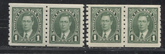 Lot 177 Canada #238 1c Green King George VI  1937-1942 Mufti Issue, VFNH Coil Pairs, Streaky Brownish Cream & White Gum, Horizontal Wove With and Without Vertical Ribbing on Back