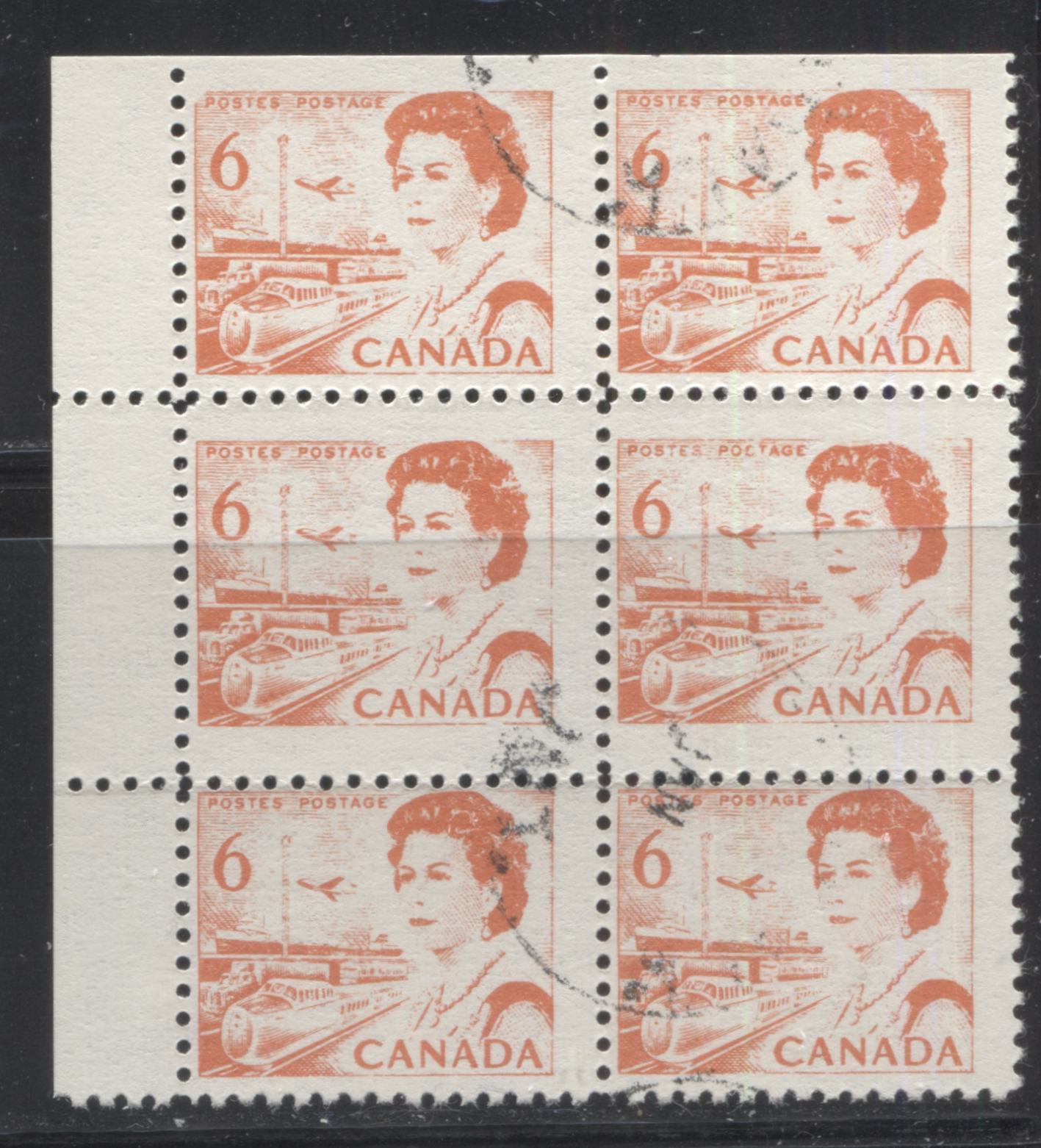Lot 178 Canada #459bF 6c Orange Transportation, 1967-1973 Centennial Definitive Issue, A Fine "Used" UL Corner Block of 6 of the Lithographed Postal Forgery
