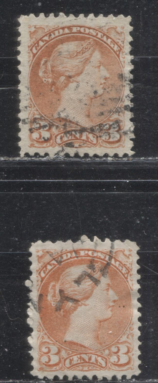 Lot 178 Canada #37iii 3c Dull Orange Red & Orange Red Queen Victoria, 1870-1897 Small Queen Issue, Two Very Fine Used Singles On Soft Horizontal Wove Papers, Perf. 11.5 x 12 and 11.75 x 12.1
