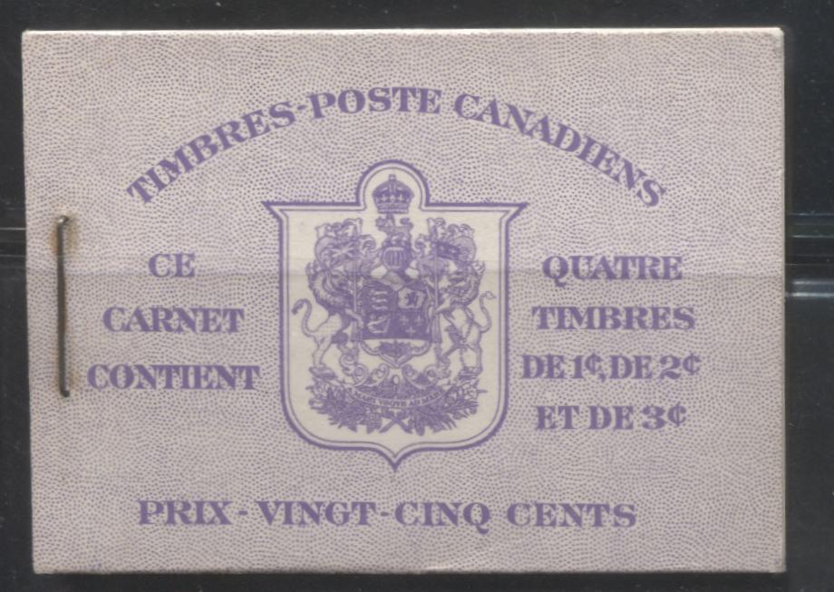 Lot286 Canada #BK37e 1942-1949 War Issue, Complete 25¢ French Combination Booklet,  Surcharged Rate Page,  17 mm Staple,  Vertical Wove Paper,  Type 1 IIp Cover, Harris Back Cover Type B