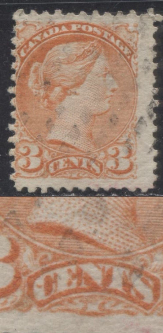 Lot 179 Canada #37iii 3c Orange Red Queen Victoria, 1870-1897 Small Queen Issue, A VG Used Single On Soft Horizontal Wove Paper, Perf. 11.75 x 12, Dot In "C" Of "Cents"