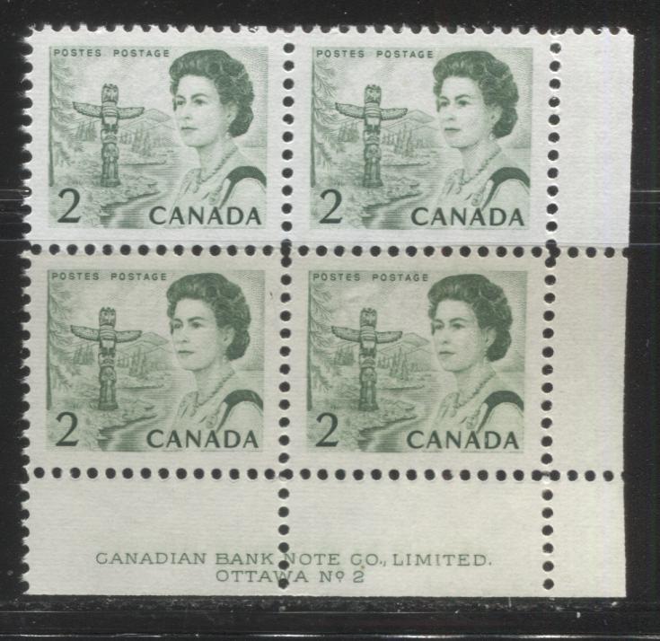 Lot #180 Canada #455iii 2c Bright Green Pacific Coast Totem Pole, 1967-1973 Centennial Issue, A VFNH LR Plate 2 Block on LF Blue Grey Ribbed Paper, Eggshell PVA Gum