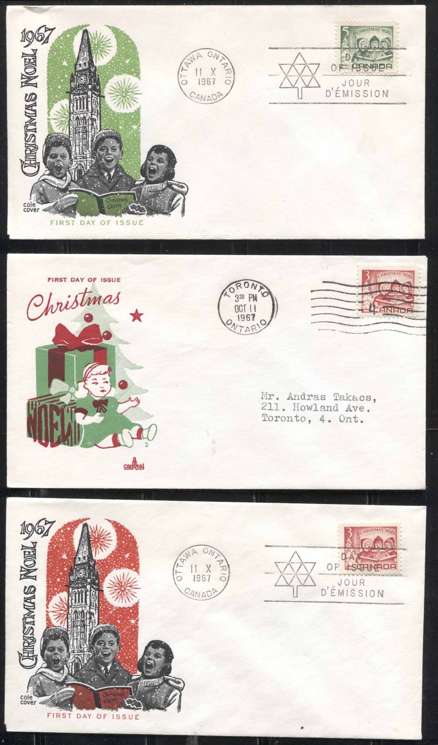 Lot 180 Canada #476-477 1967 Christmas, A Group of 3 Capital  and Cole First Day Covers