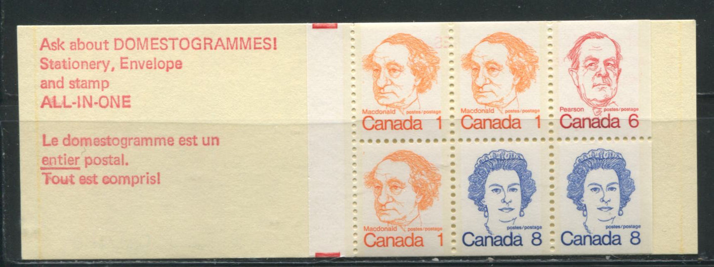 Lot 18 Canada  McCann #74gvar 1972-1978 Caricature Issue A complete 25c Booklet, NF Argus Subhunter Cover, Clear Sealer, DF 70 mm Pane, Extra Hairline Tag Bar Through Left 1c Stamps